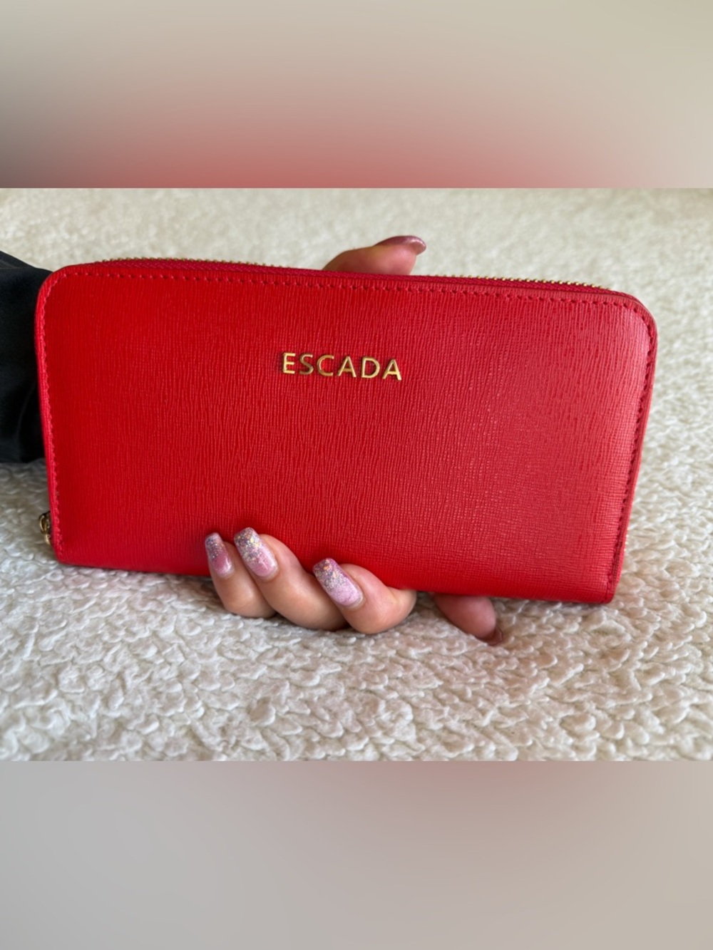 Escada Red Saffiano Zip Wallet with Gold Logo